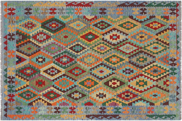 Flat Weave Kilim, Antique, Navaho, Vintage, Handmade, Geometric Kilim Red Blue Hand-Woven Rectangle 100% Wool Area Rug 6 x 8